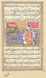 Kjujista ، زوجة التاجر ، تتحدث إلى ببغاء ، وخط وتوضيح من "Tuti&39;nama" ، أو "Tales of a Parrot" (الغواش على الرق)